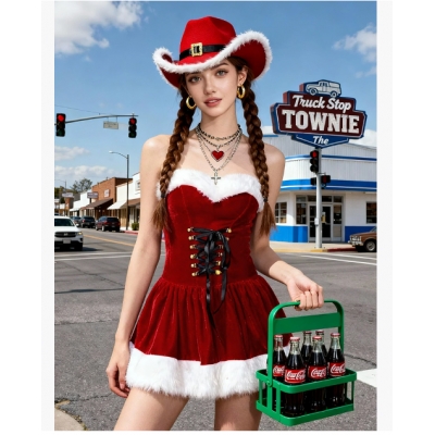 A sexy red fluffy Christmas dress, a red denim hat, and a Santa Claus costume.