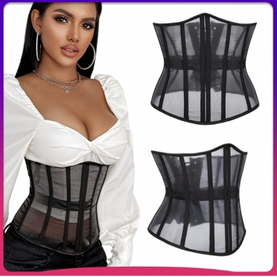 Stylish, versatile, slimming, waist belt with adjustable back straps, 14-piece boning, breathable mesh fabric, French style.
