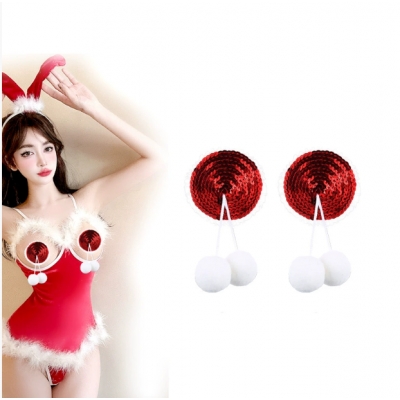 Adult round Christmas nipple covers, sequined red silicone breast pads, white lace nipple decorations
