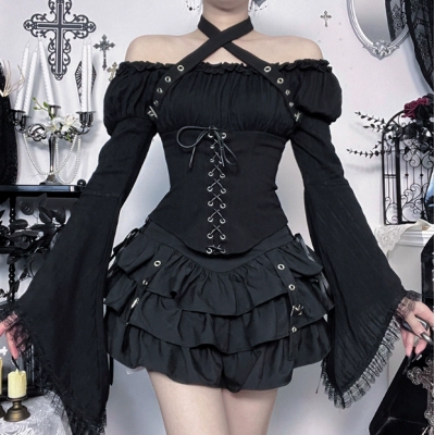 Dark-themed high-waisted tie-up cake skirt, 2025 new gothic style, Y2K, Asian girl black mini skirt