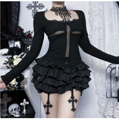 Dark-themed cross-print cutout undershirt, 2025 new gothic style sexy top for hot girls.