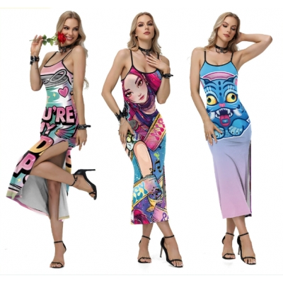 Demon Hunter Girl Group Cosplay Cross-border New Women's Clothing Suspender Slit Sexy Dress Digital Print Skirt Women's