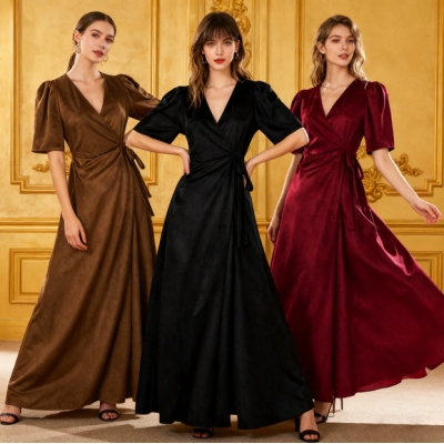 2025 New Arrival, In Stock, European and American Style Women's V-neck Tie-waist Slim Fit Suede Long Dress Coat/Performance Costume