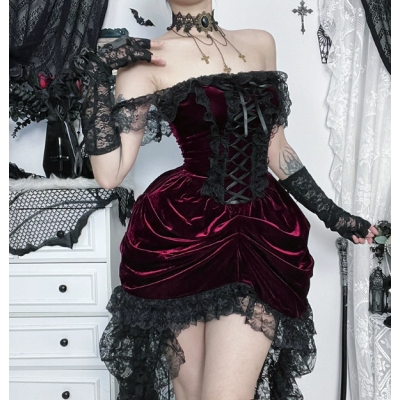 Dark-themed multi-layered patchwork trailing dress, 2025 new gothic Lolita lace dress.