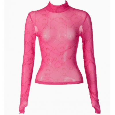 European and American style summer women's new sexy mesh see-through thin half-high collar long-sleeved bottoming shirt top