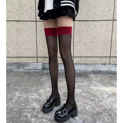 Thin contrasting stockings over the knee socks female sexy red edge black stockings transparent color matching sexy black stockings