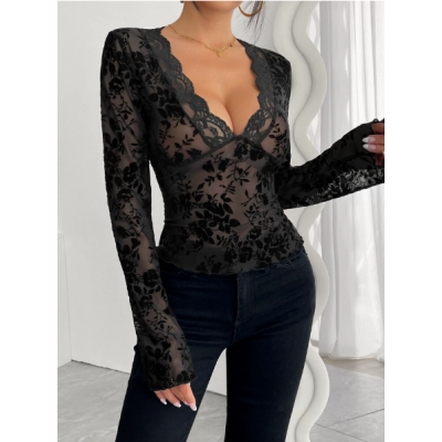 European and American 2025 spring new women's V-neck lace mesh trumpet sleeve T-shirt tops for women