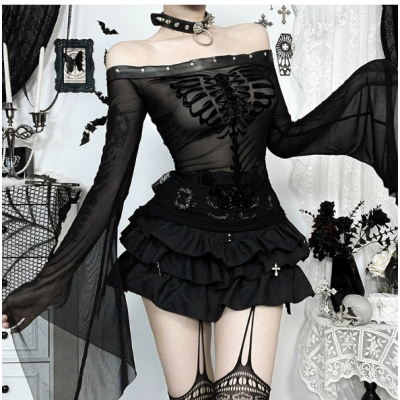 Dark Gothic style flocked skull print top 2025 new sexy slim fit trumpet sleeve top