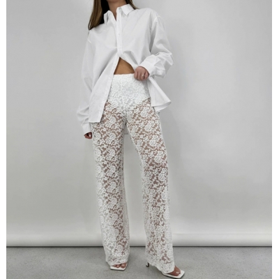 European and American style summer hot selling new products sexy versatile lace see-through high waist stitching long straight pants women's pants