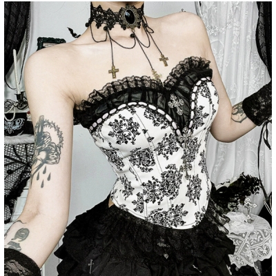Dark Gothic style palace retro print bra 2025 new sexy slim vest tube top for women