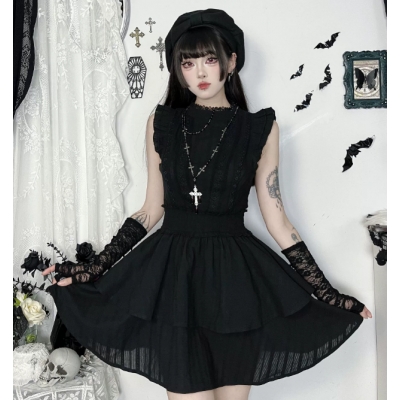 Little witch dark pattern cotton fabric sleeveless dress dark Gothic long skirt comfortable new style all-match