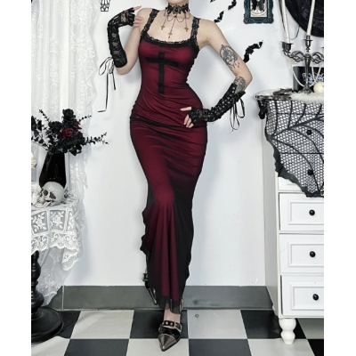 Cross double-layer suspender dress dark new style irregular long skirt birthday party temperament