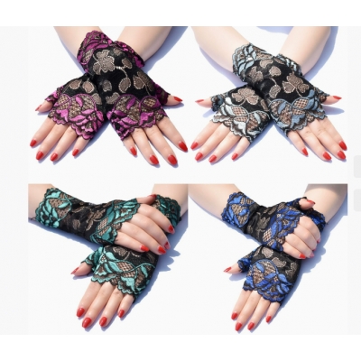 Short summer thin two-color lace sun protection half-finger gloves for women Cycling anti-ultraviolet dance performance gloves