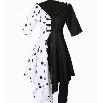 Halloween black and white witch cos Cruella shawl cape Dalmatian cape wig gloves necklace party dress