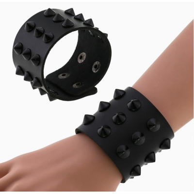 European and American punk non-mainstream exaggerated black conical spike rivet three-row leather wide bracelet bracelet wrist bracelet