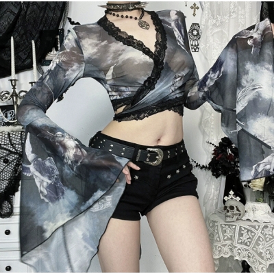 European and American style long-sleeved printed V-neck top 2025 new sexy hot girl trumpet sleeve top
