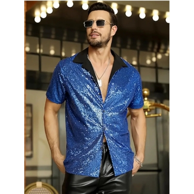 2025 Men's Lapel Sequined Short Sleeve Shirt European and American Disco Sparkling Party Style Shirt