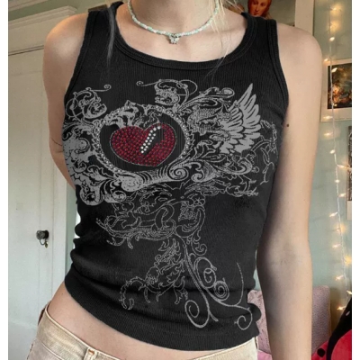 Autumn and winter sexy personality pattern street hot diamond printing tight round neck vest sports top