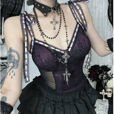 Dark Gothic Lace Suspender Top 2025 New Sexy Slim Fit Hottie Vest Top for Women