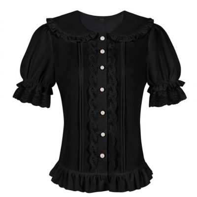 2025 European and American summer doll collar short-sleeved summer Lolita shirt soft girl puff sleeve slim short sleeve