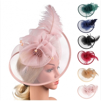 Hot sale mesh feather headdress bow versatile headband hair accessories pearl party performance head flower clip style