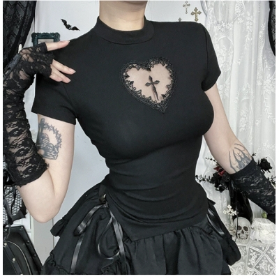 Dark Gothic style cross hollow waist slim fit short T-shirt 2025 hot girl tops for women