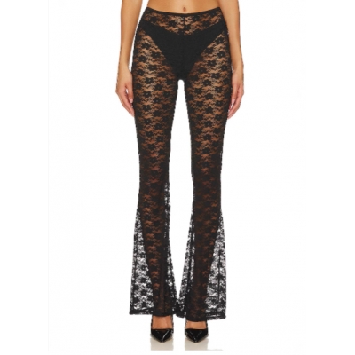 2025 Early Spring Cover Up Pants European and American Mesh Flared Pants Sexy High Waist See-through Lace Pants