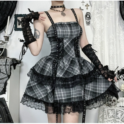 Dark Gothic Style Yabi Black and Gray Plaid Dress 2025 New Sweet and Cool Hot Girl Punk Short Skirt