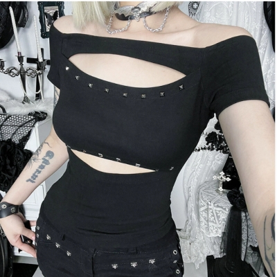 Dark black one-shoulder hot diamond top 2025 new summer waist-hugging short top for women