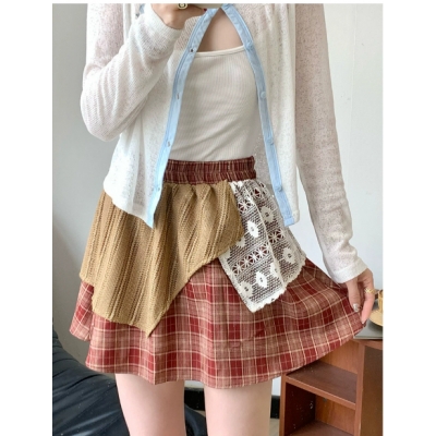 Retro style irregular plaid lace patchwork short skirt women's summer new style wasteland style casual slim A-line skirt
