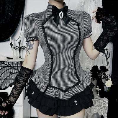 Dark Gothic College Short Sleeve Shirt 2025 New Slim Sweet and Spicy Striped Top