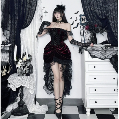 Dark multi-layered stitching tail dress 2025 new Gothic style Lolita lace skirt