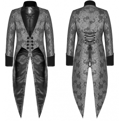 Fashion Men's Gothic Steampunk Tailcoat Jacket Black Brocade Damask Wedding Jacquard Coat