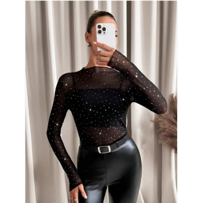 European and American 2025 spring new women's small stand-up collar long-sleeved mesh sand transparent rhinestone decorated T-shirt tops for women