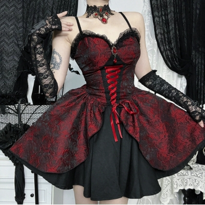 Dark red rose jacquard suspender skirt 2025 new gothic style black and red jacquard dress for women