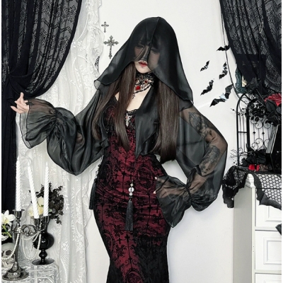 Dark witch season black hooded cardigan 2025 new Halloween gothic style cardigan top