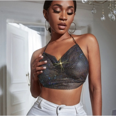 Hot-selling off-the-shoulder European and American suspender style sexy backless slim fit black solid color fishnet rhinestone vest