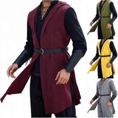Medieval Renaissance Hooded Cloak Viking Knight Sleeveless Top Halloween Stage Performance Costume