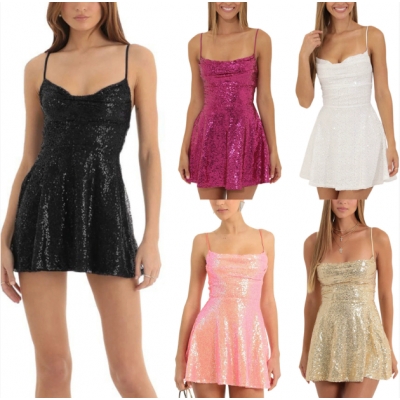 2025 new European and American spring and summer sleeveless dress with suspenders and butterfly sequins mini skirt princess style temperament