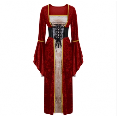 2025 Gold Velvet Trumpet Sleeve Retro Medieval European Court Long Floor-Length Skirt