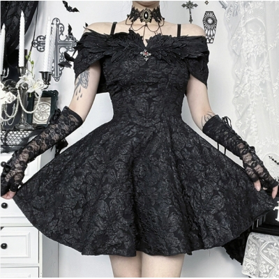 Dark-themed off-shoulder textured dress, 2025 new style, gothic-inspired, unique streetwear, fitted mini dress