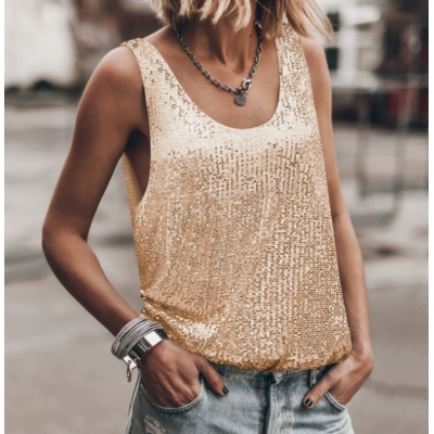 Summer New European and American Cross-border Women's Fashionable and Unique Street Style Sequined Top Round Neck Sleeveless Loose Party Vest