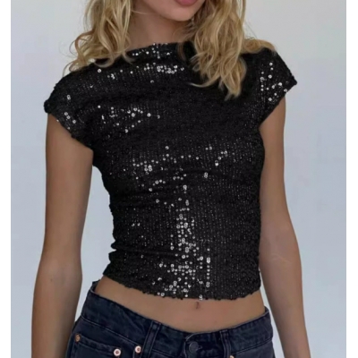 European and American style sparkly T-shirt for women, new summer style, sexy backless sequined round neck short sleeve slim fit top.
