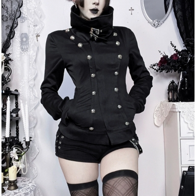 Dark-themed high-neck retro jacket with metal buckles, new 2026 gothic style jacket.