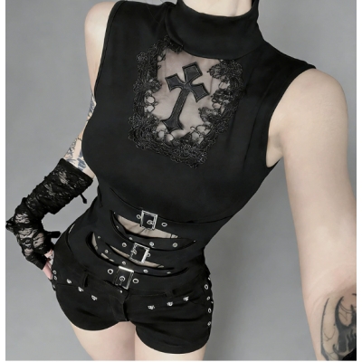 Dark-themed basic versatile sleeveless top, 2026 new gothic style hollowed-out cross top for women.