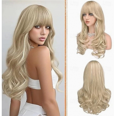 Blonde wig with bangs, wavy layered cut, natural and voluminous synthetic heat-resistant wig, everyday wear, 24 inches.