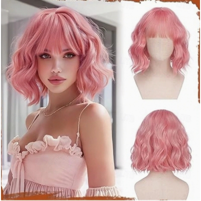 Short wavy golden chestnut brown wig, 12-inch bob with bangs, women's curly shoulder-length bob wig, everyday style.