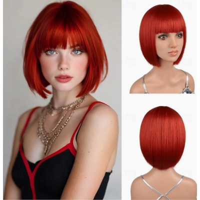 Bob short straight hair red wig with bangs, synthetic fiber heat-resistant red wig, 12 inches, everyday style.