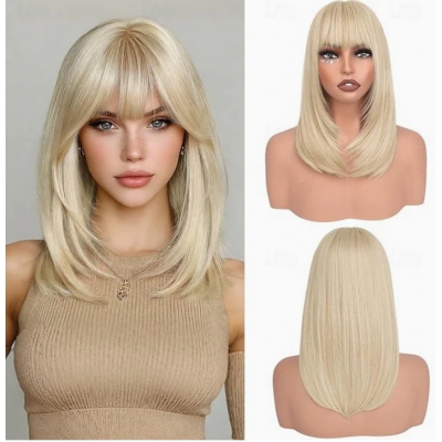Golden bangs bob wig, shoulder-length, straight, natural-looking, synthetic, heat-resistant, European and American style, everyday headpiece for women.