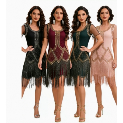 1920s Sequin tassel dress, beaded ball gown, Latin dance dress, sequined mesh skirt.